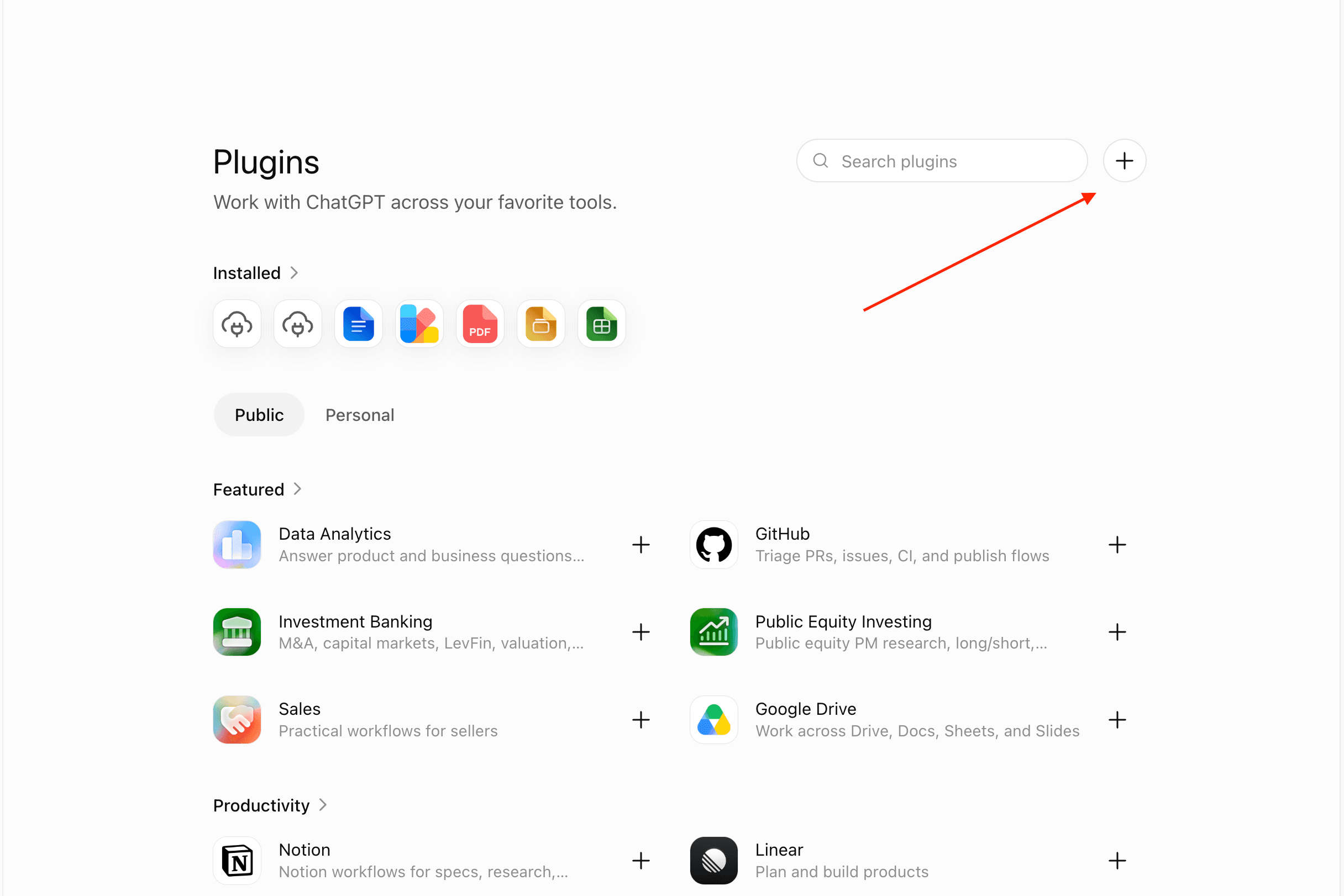 The ChatGPT Plugins page, with an arrow pointing at the plus button in the top right.