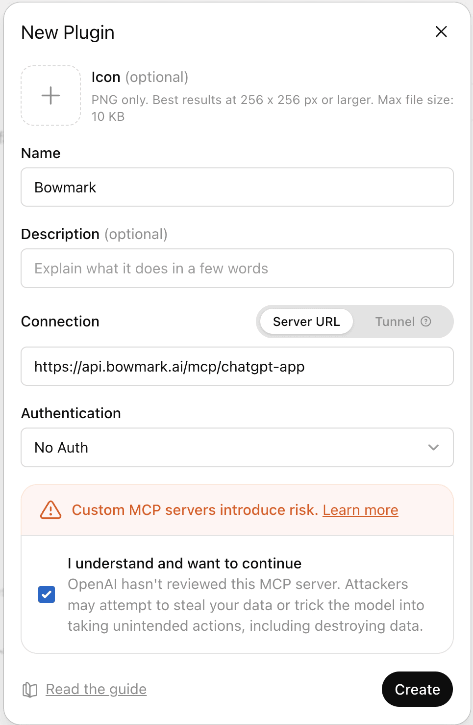 ChatGPT's New Plugin dialog, filled in with the name Bowmark, the server URL https://api.bowmark.ai/mcp/chatgpt-app, No Auth selected, and the risk checkbox ticked.