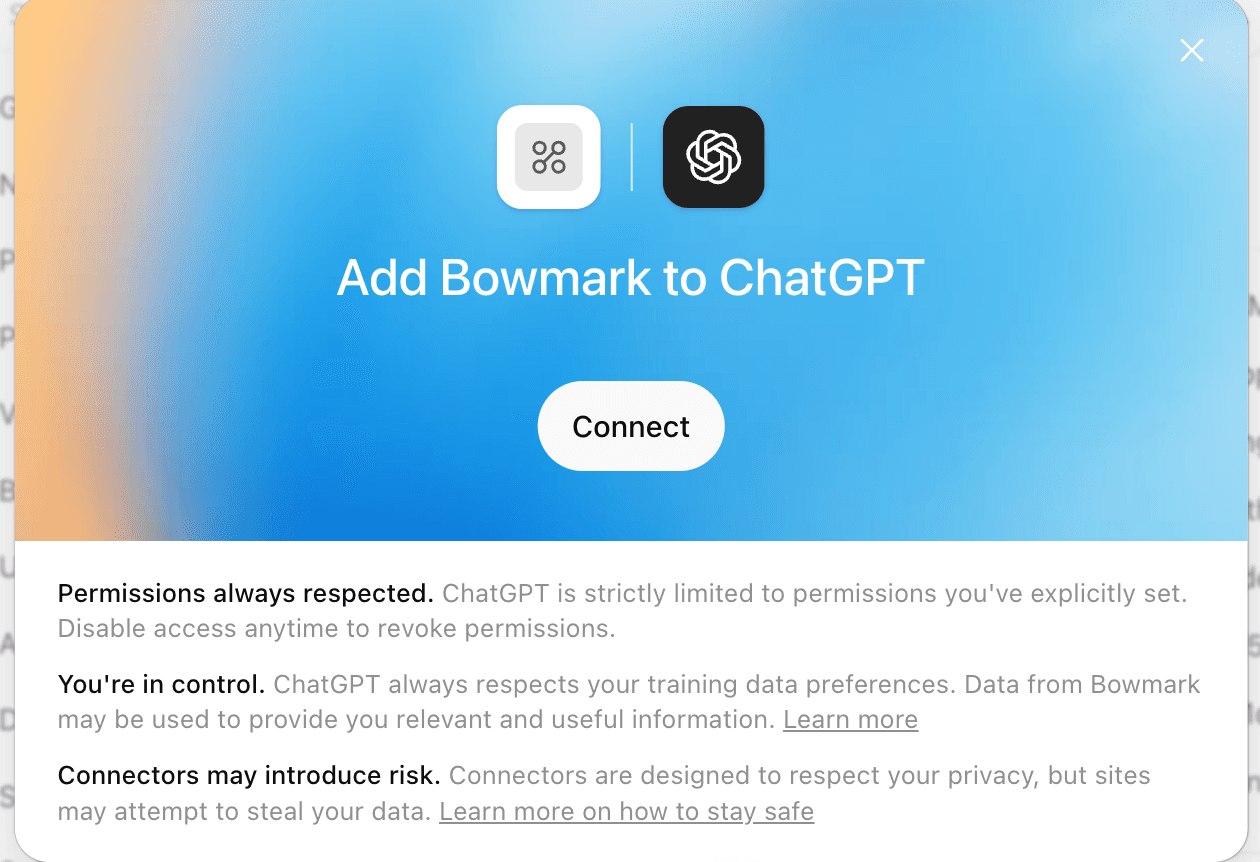 ChatGPT's connect screen, headed 'Add Bowmark to ChatGPT', with a Connect button.