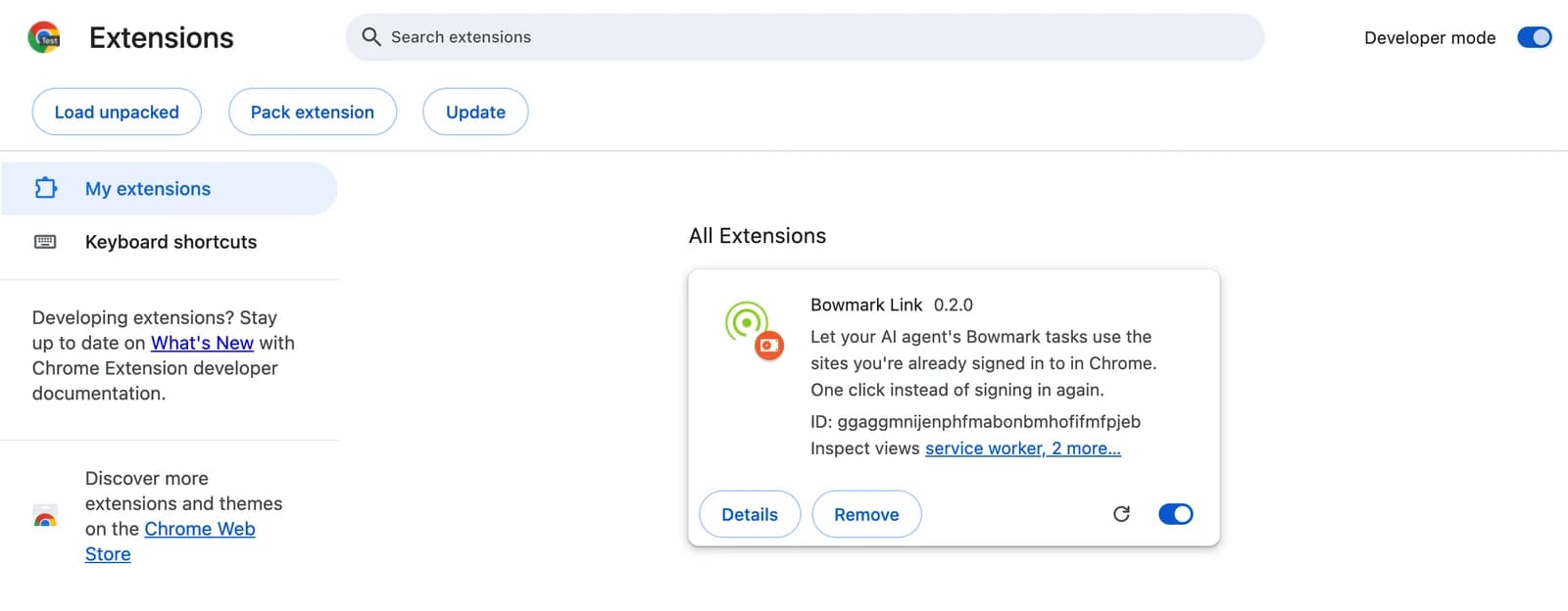 Chrome's extensions page with Developer mode on and Bowmark Link loaded.